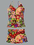 V-Neck Retro Hippie Peace Multicolor Flowers Paisley Print Suspender Skirt Tankini Pantskirt Set Swimsuit