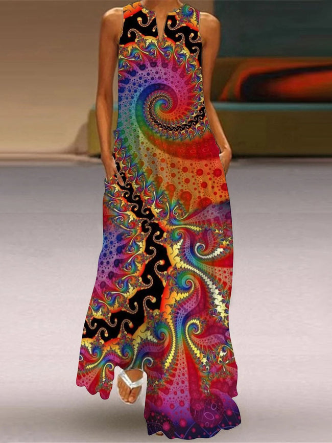Vintage Hippie Art Print V-Neck Maxi Dress