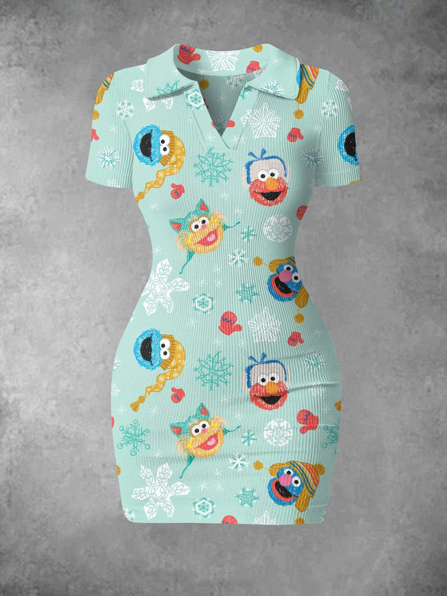 Women's Vintage Christmas Cute Cartoon Print Ribbed Bodycon Mini Dress