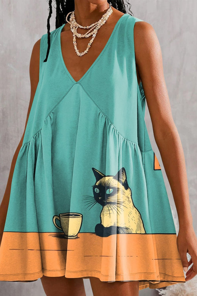 Women's Siamese Cat Chilling Coffee Art Print Mini Dress Sundress with Pockets
