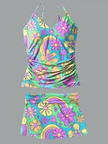V-Neck Hippie Retro Flower Multicolor Print Suspender Skirt Tankini Pantskirt Set Swimsuit
