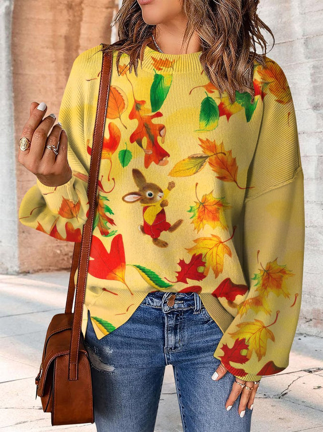 Colorful Autumn Leaf Rabbit Print Casual Knit Pullover Sweater