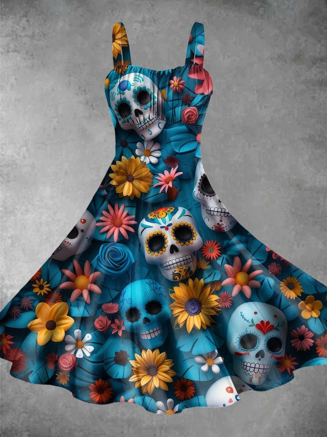 Retro Sugar Skull Print Backless Dress