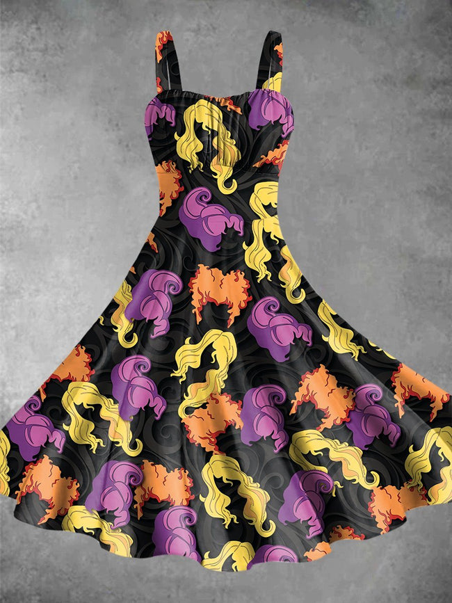 Vintage Halloween Magic Witch Print Backless Dress