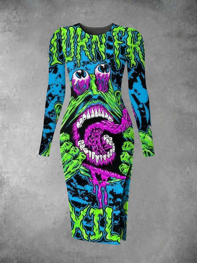 Women's Vintage Zombie Halloween Print Long Sleeve Crew Neck Midi Dress