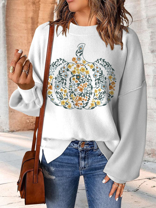 Embroidered Pumpkin Print Casual Knit Pullover Sweater