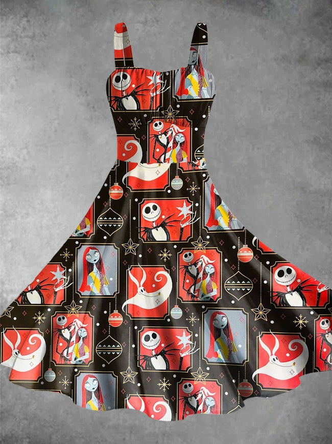 Vintage Cartoon Print Backless Dress