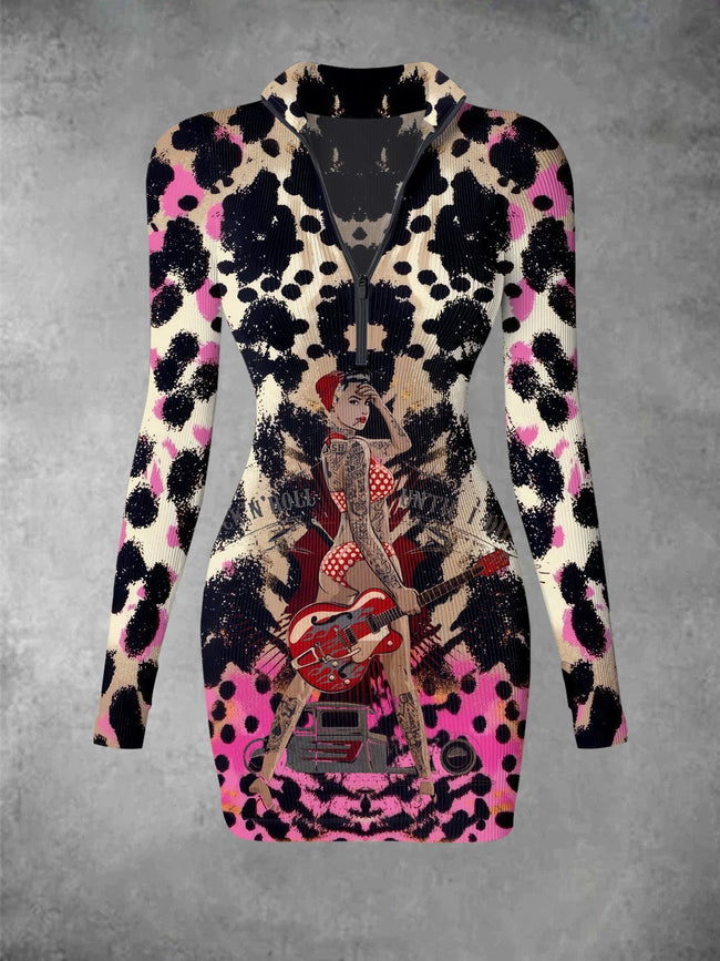 Leopard Print Retro Art Illustration Print Ribbed Zip Front Long Sleeve Mini Dress