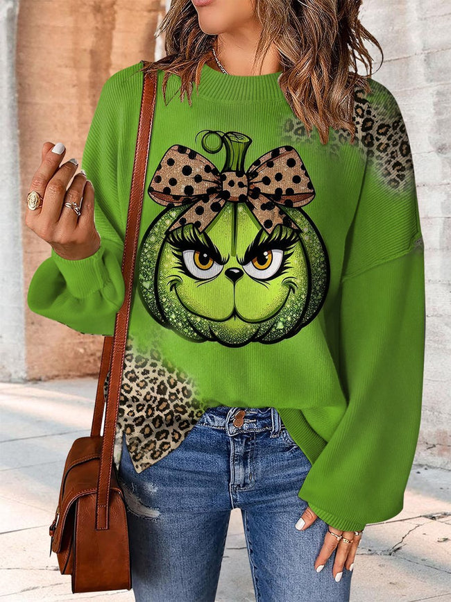 Vintage Leopard Coquette Bougie Grinch Print Casual Knit Pullover Sweater