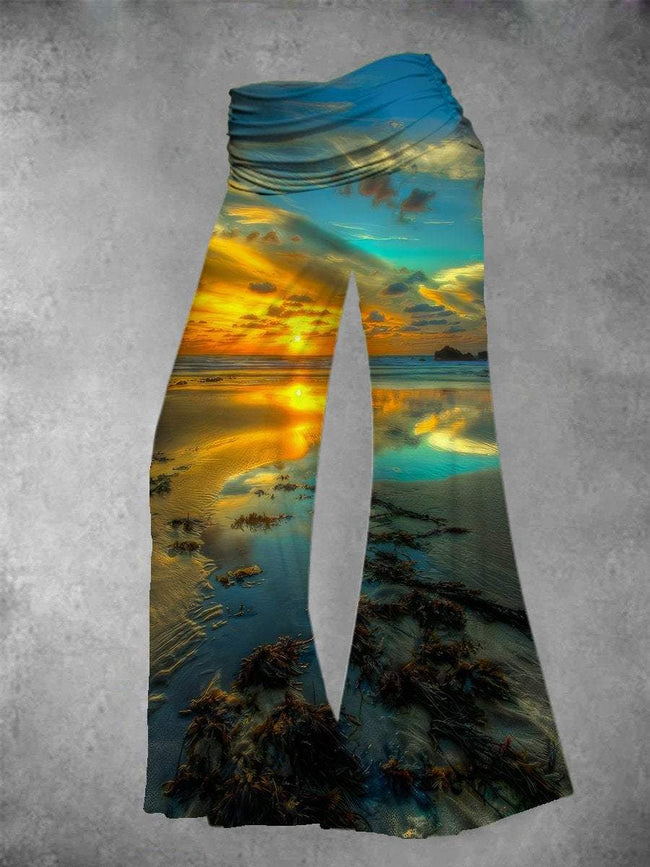 Women's Vintage Sunset Ocean Art Print Wide Leg Pants
