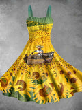 Vintage Sea of Sunflowers Print Backless Dress