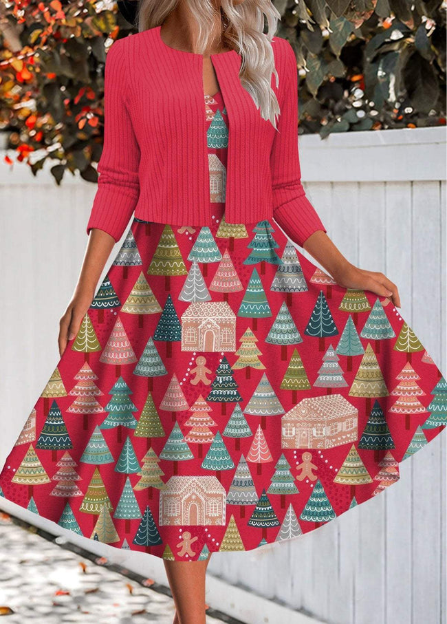 Vintage Christmas Tree Print Two Piece Dress and Cardigan