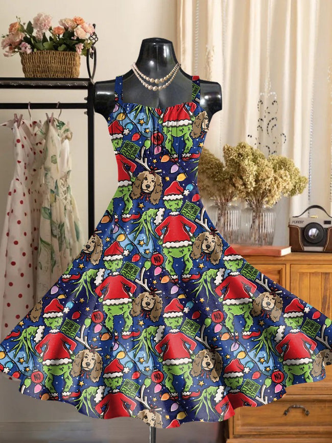 Vintage Christmas Monster Print Backless Dress