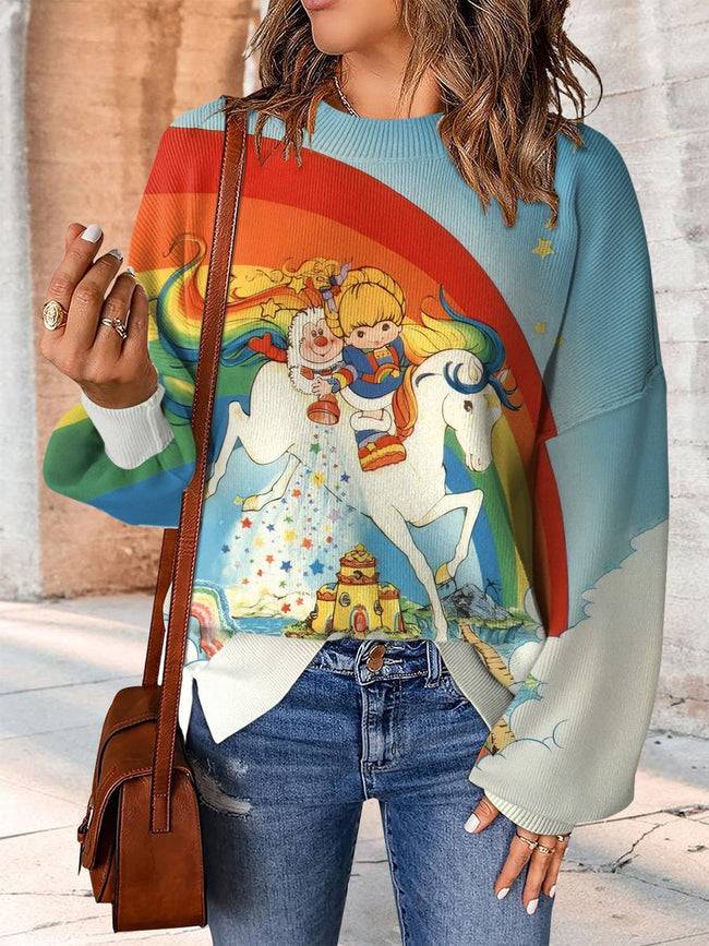 Colorful Rainbow and Girl Print Casual Knit Pullover Sweater