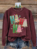 Retro Colorful Coquette Glitter Ho Ho Ho Christmas Tree Print Sweatshirt