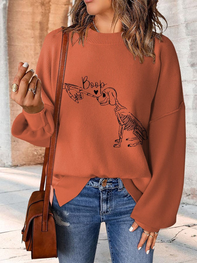 Dog Skeleton Hand Boop Print Casual Knit Pullover Sweater