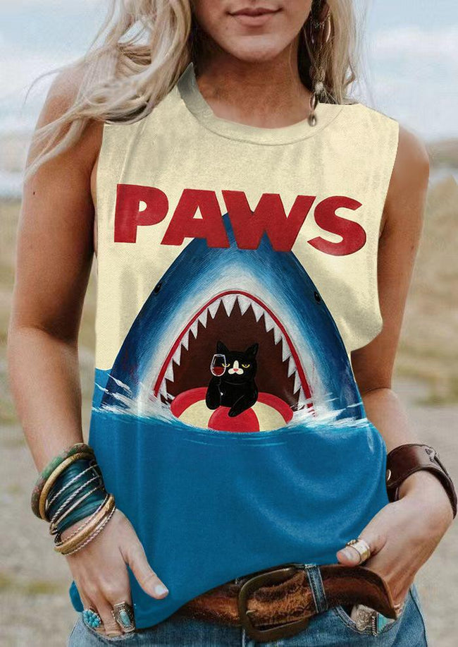 Vintage Funny Shark and Black Cat Print Tank Top