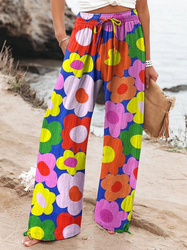 Women's Retro Hippie Multicolor Floral Art Printed Cotton And Linen Casual Pants