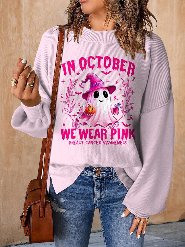 In October We Wear Pink Halloween Ghost Breast Cancer Awareness Print Casual Knit Pullover Sweater