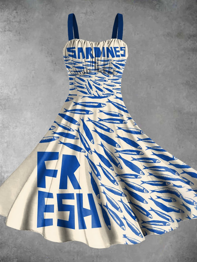 Vintage Retro Sardines Print Backless Dress