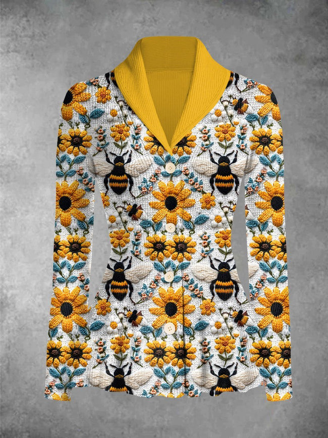 Vintage Bee in Flower Print Cardigan Sweater Outwear Coat