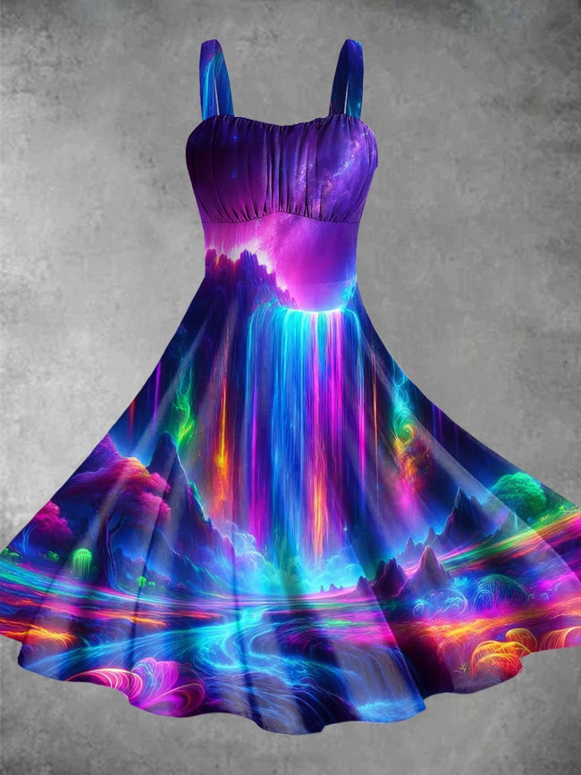 Vintage Colorful Fluorescent Waterfall Abstract Print Backless Dress