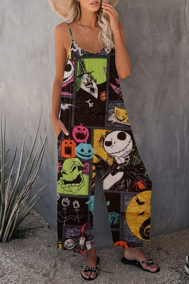 Vintage Halloween Nightmare Print Wide leg Jumpsuit with Pockets