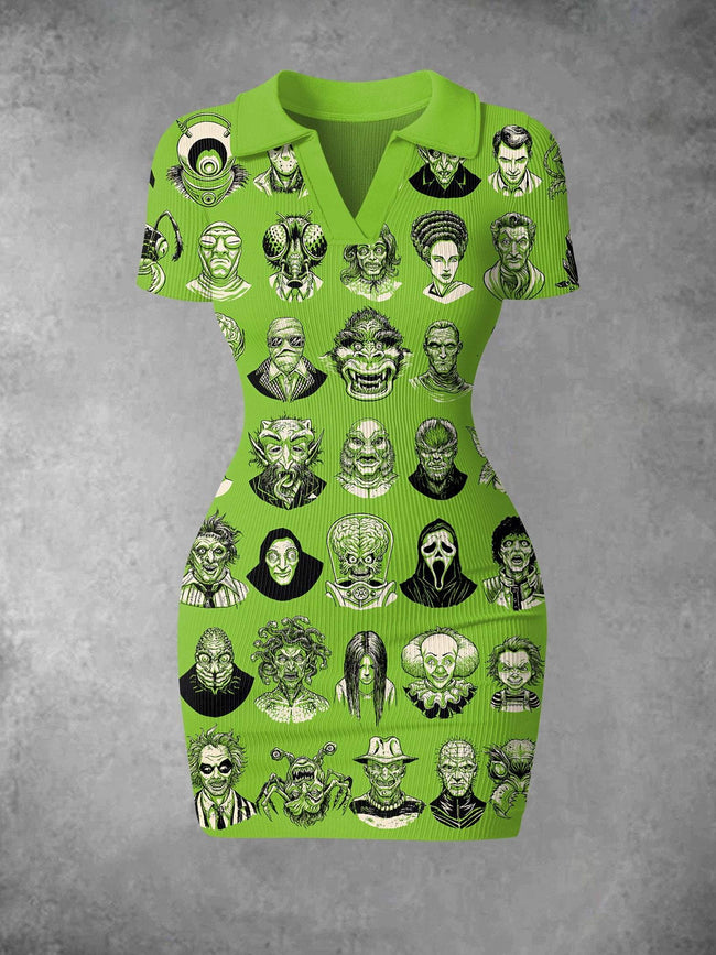 Women's Vintage Halloween Monster Movie Print Ribbed Bodycon Mini Dress