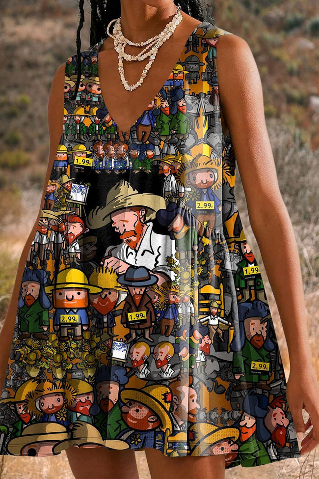 Women's Vintage Toy Salesman Print Mini Dress Sundress with Pockets