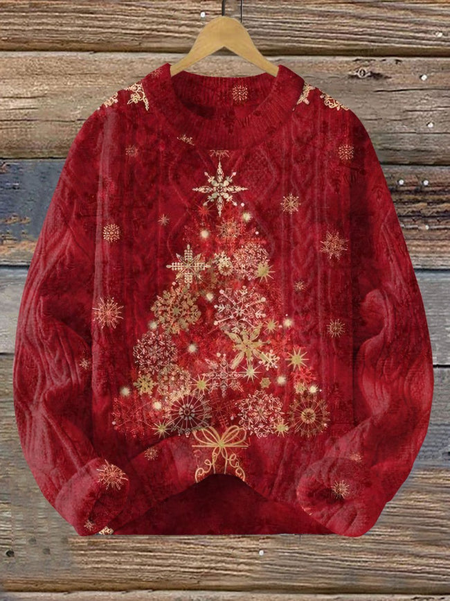 Vintage Christmas Tree Print Knitted Woven Crewneck Pullover