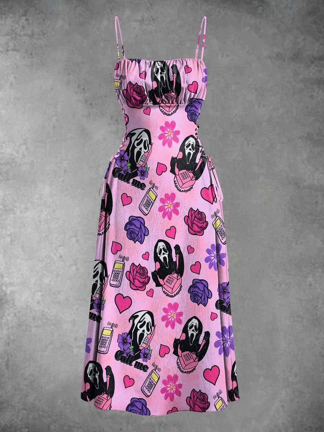 Vintage Halloween Scream Print Waist Strap Spaghetti Strap Dress