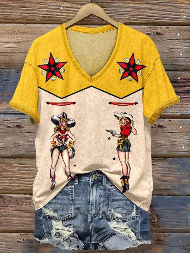 Women's Vintage Cowgirl V-neck Casual T-Shirt