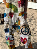 Abstract Pattern Hippie Art Print Casual 100% Cotton Wide Leg Jumpsuit