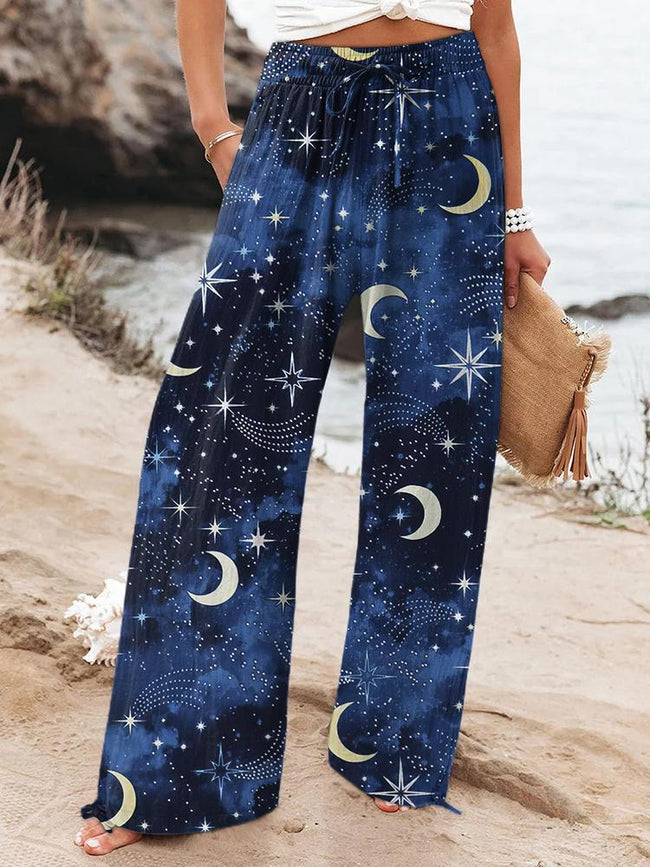 Women's Retro Star Moon Printed Cotton And Linen Casual Pants