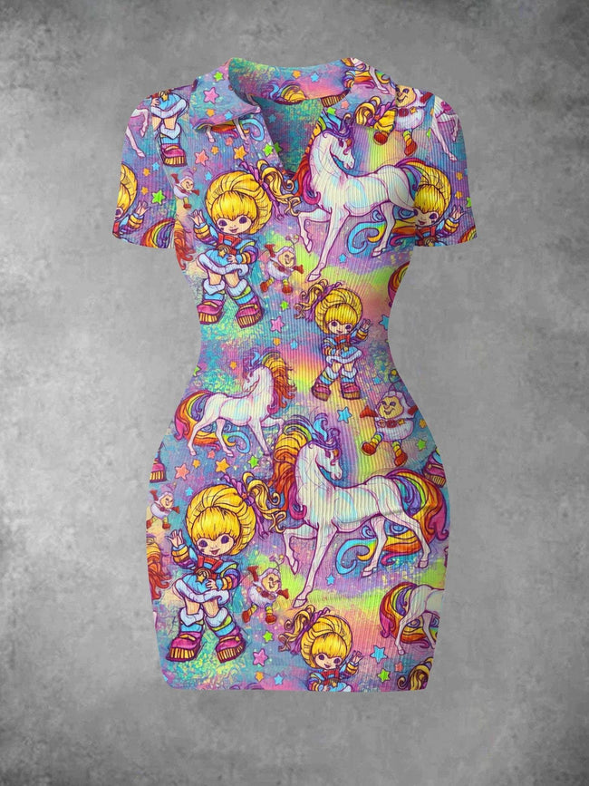 Women's Vintage 1980s Rainbow Girl Print Ribbed Bodycon Mini Dress