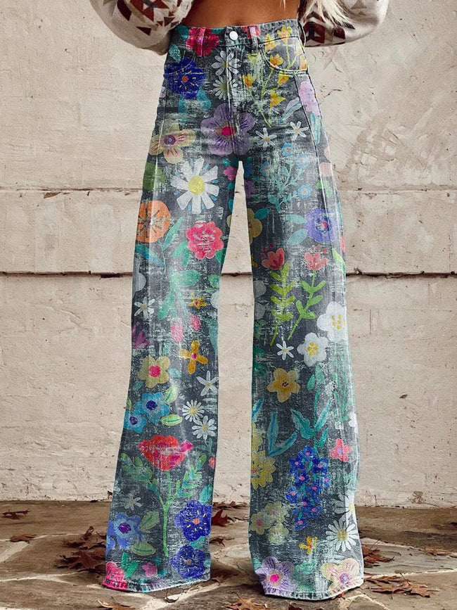 Women's Retro Hippie Flower Print Casual Wide Leg Pants