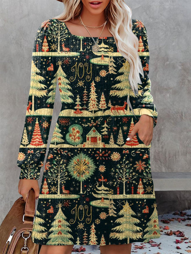 Vintage Christmas Tree Night Print Knit Sweater Dress with Pockets