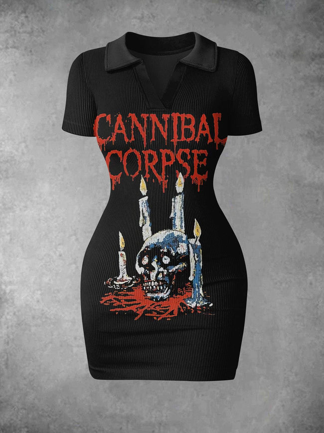 Women's Vintage The Skull By The Candle Print Ribbed Bodycon Mini Dress