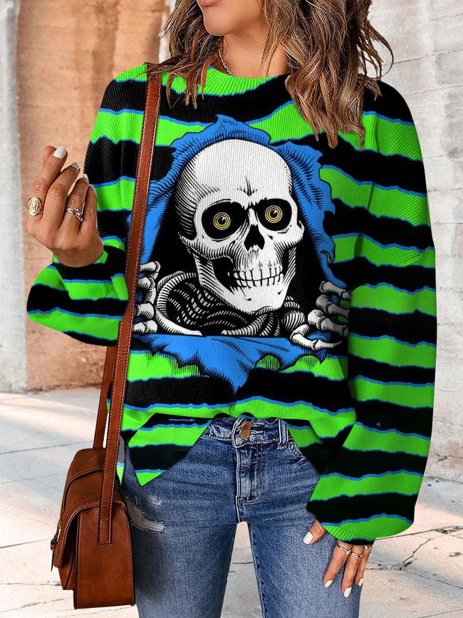 Colorful Skull Probe Halloween Print Casual Knit Pullover Sweater