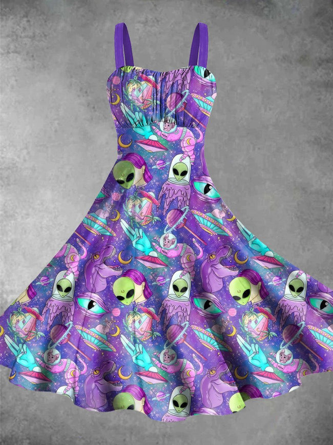 Vintage Alien Space Print Backless Dress