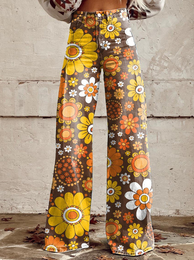 Women's Retro Brown Flower Print Casual Wide Leg Pants
