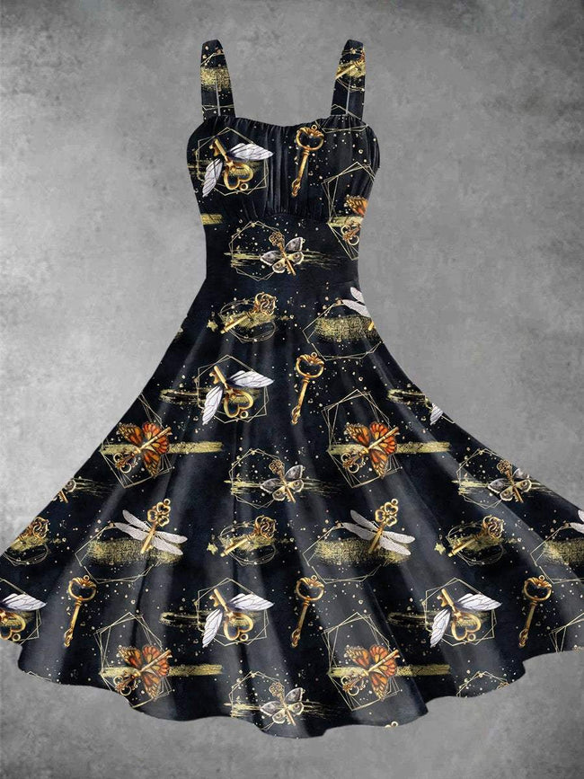 Vintage Halloween Wizard Print Backless Dress