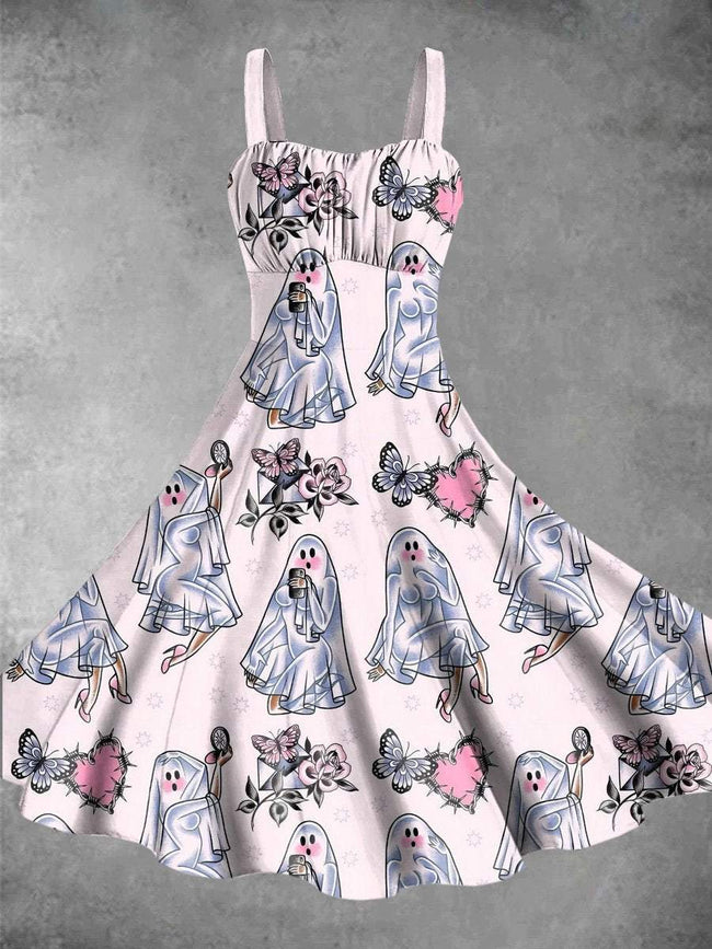 Vintage The Ghost Woman Halloween Print Backless Dress