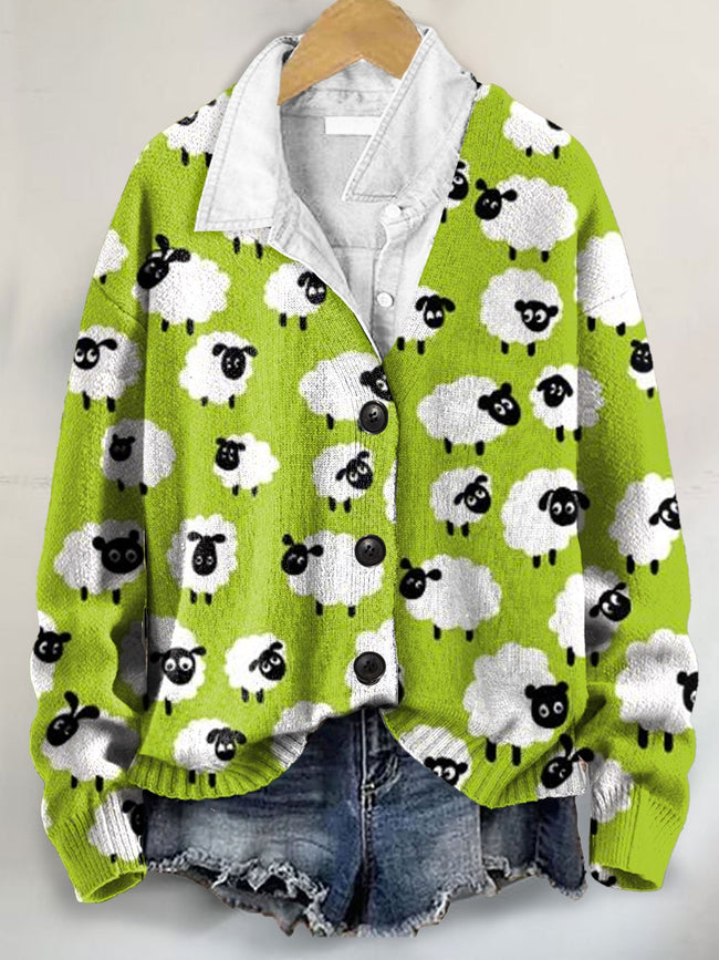 Black Sheep Art Print Buttoned V-neck Cardigan Sweater