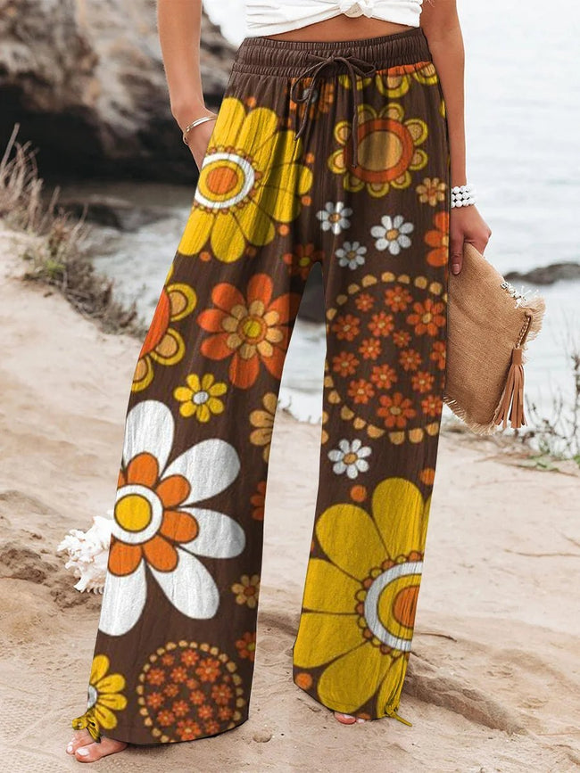 Women's Brown Flower Printed Cotton And Linen Casual Pants