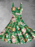 Women's Vintage Christmas Boy and Girl Print Two-Piece Dress