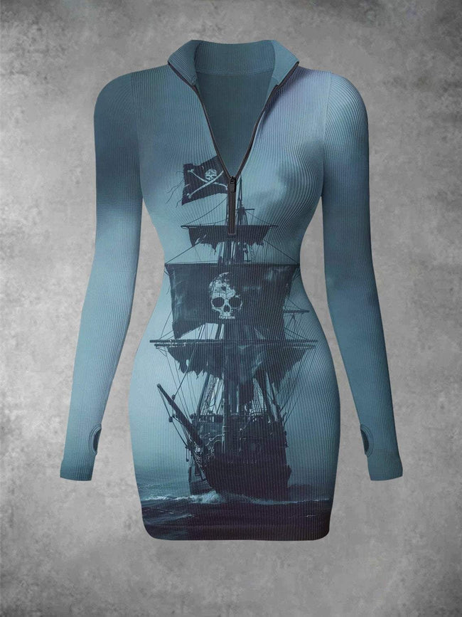 Vintage Pirate Ship Print Ribbed Zip Front Long Sleeve Mini Dress