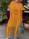 Women's Peace Symbol Hippie Art Print Casual 100% Cotton Wide Leg Jumpsuit