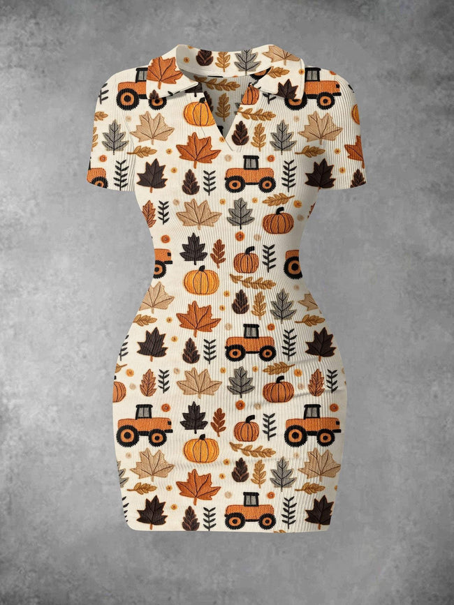 Women's Autumn Pumpkin Print Ribbed Bodycon Mini Dress