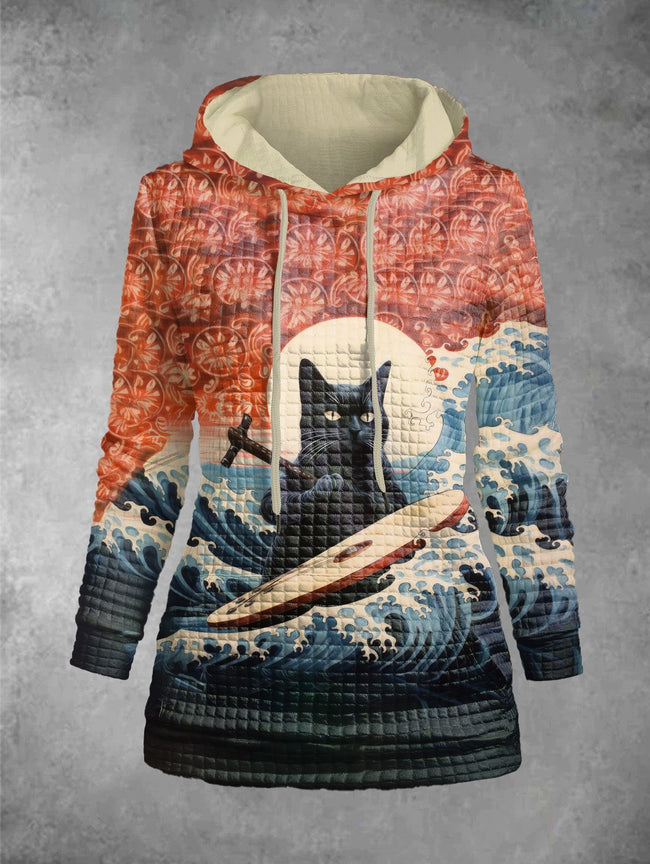 Cat Surfing Print Graphic Plaid Embossed Hoodie Pocket Hoodie